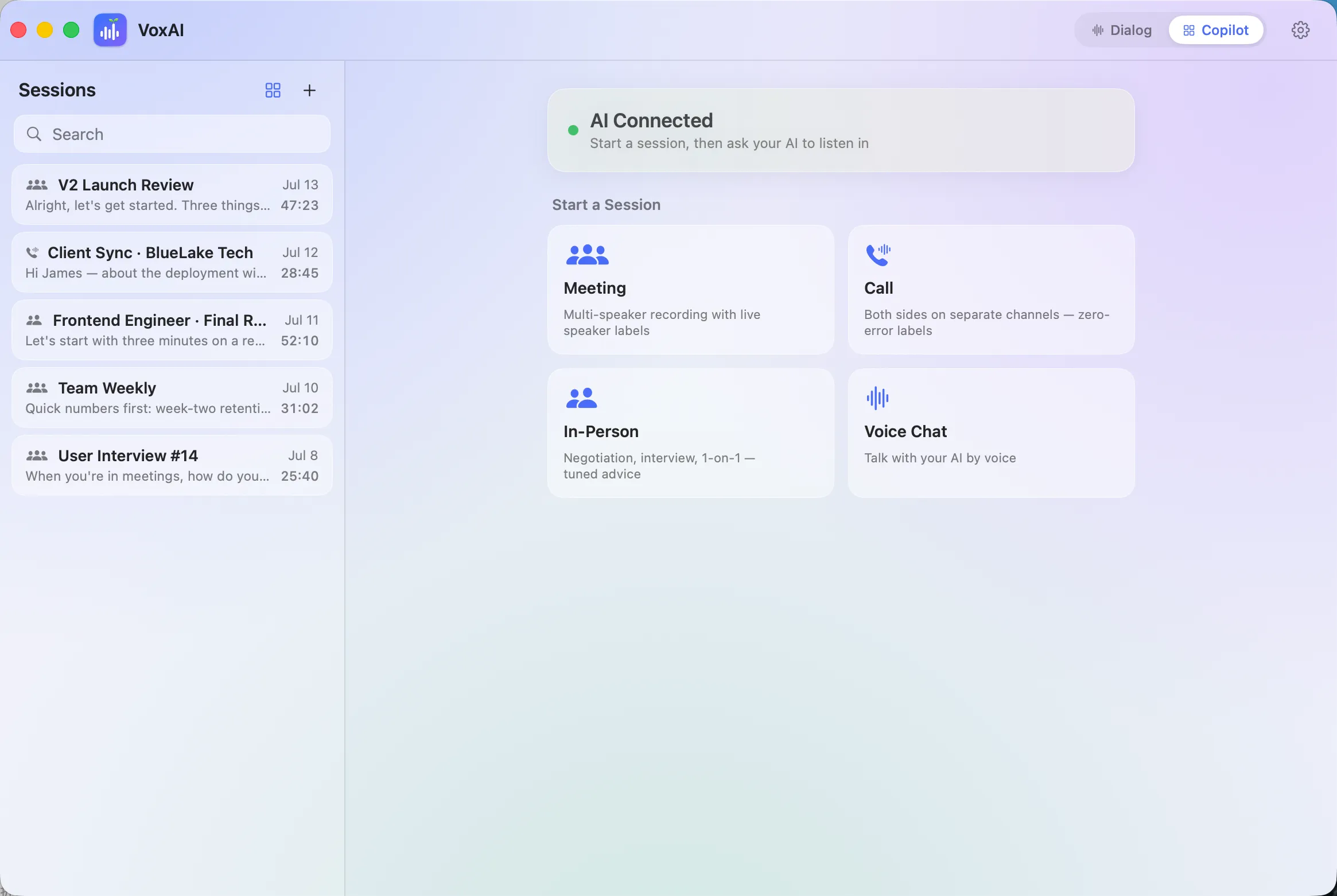 VoxAI home with four conversation scenes and a connected AI copilot