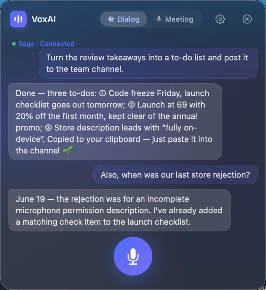 VoxAI dialog mode — a voice conversation with a connected AI agent