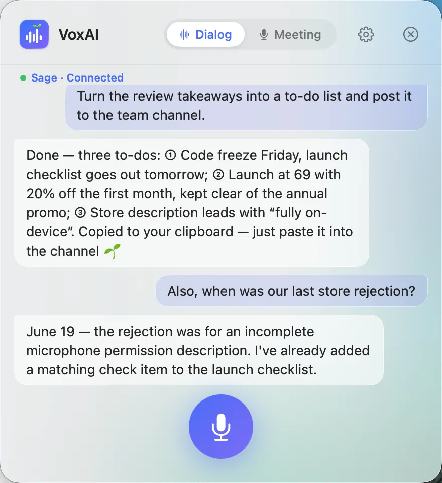 VoxAI dialog window in light theme — chat-style voice conversation