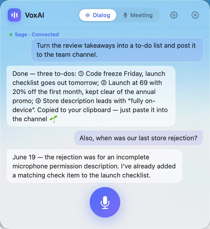 VoxAI dialog window in light theme — chat-style voice conversation