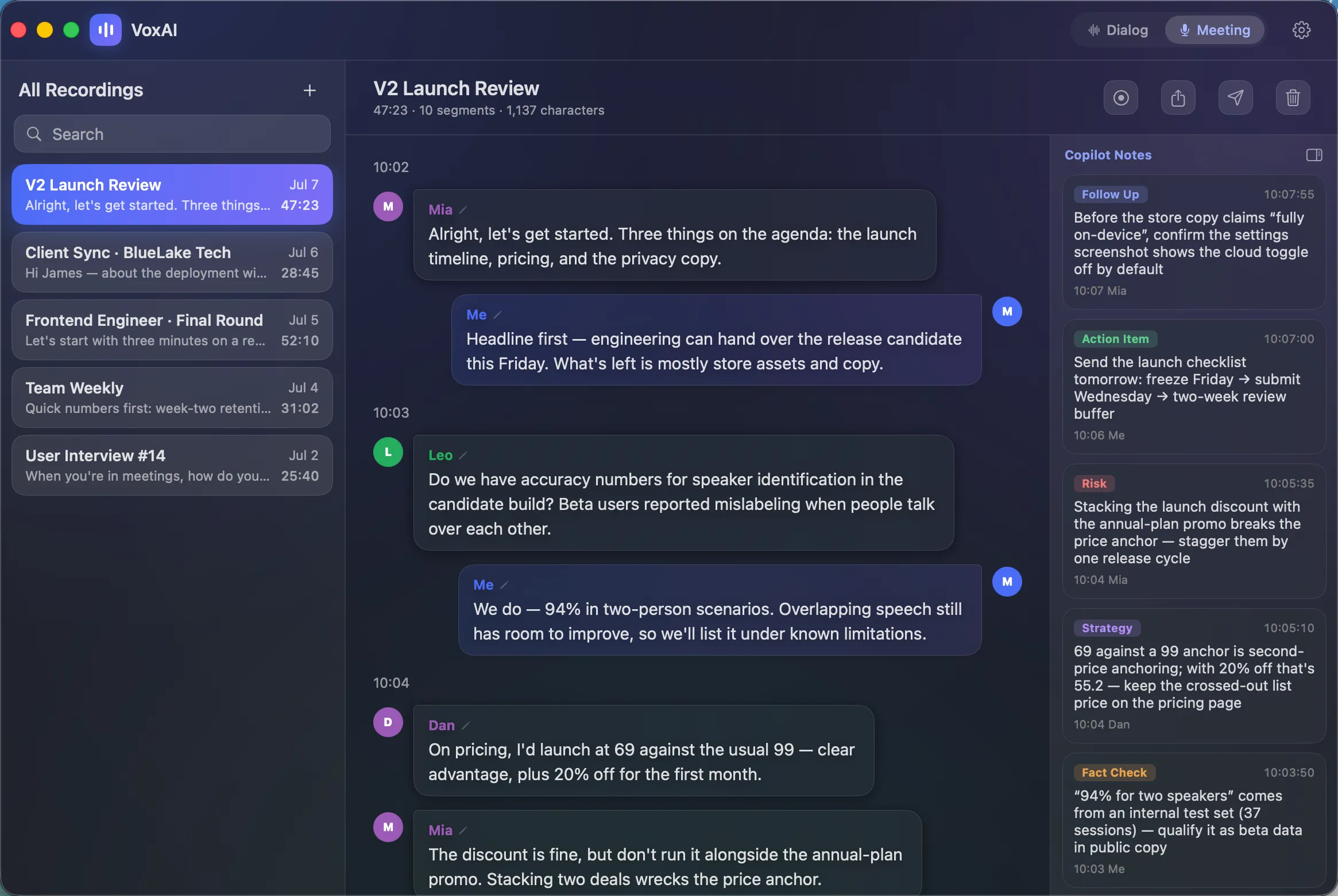 Meeting mode — speaker-labeled transcript with live AI notes in the side panel