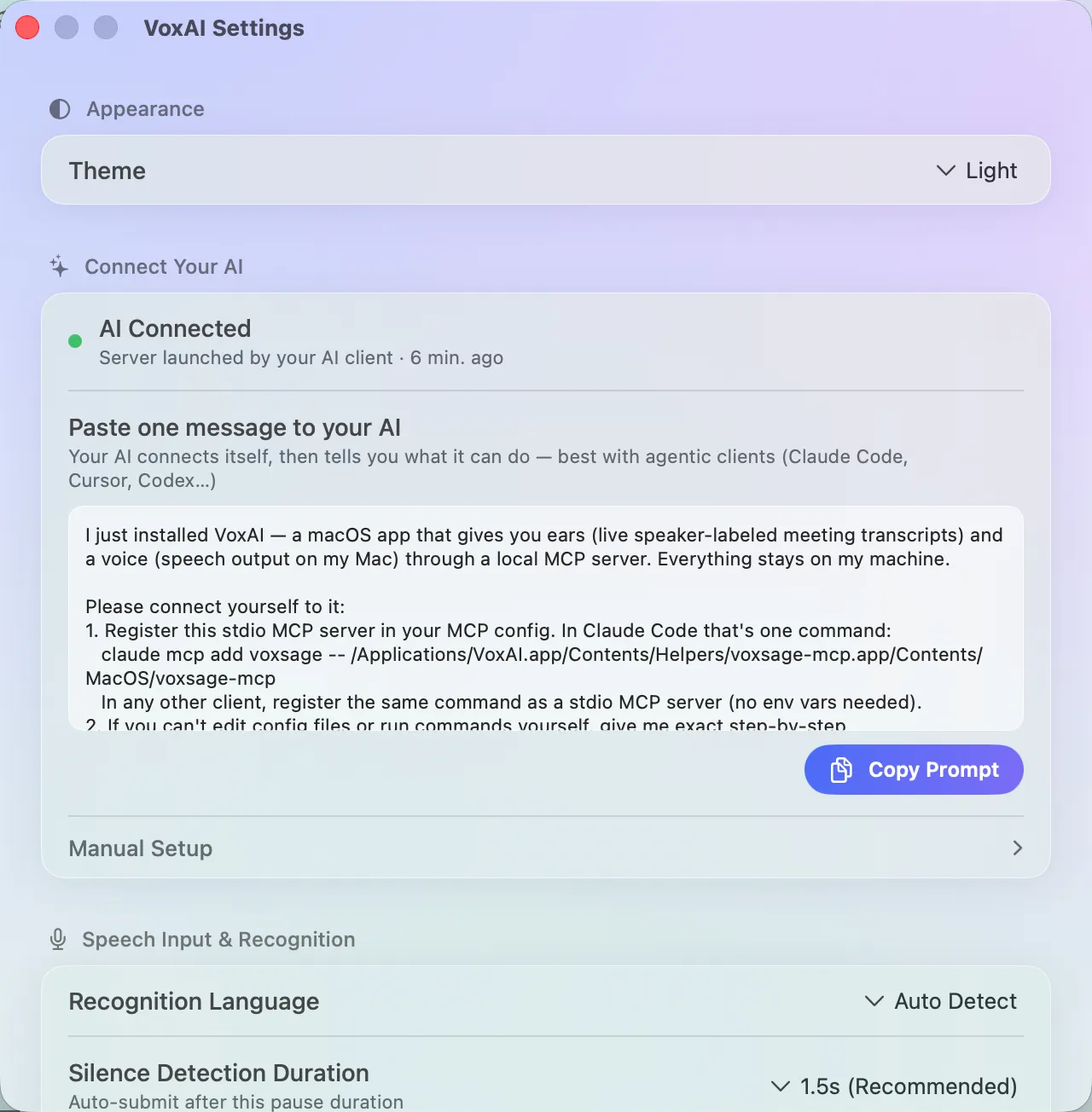 VoxAI settings showing the one-message setup prompt for an AI client