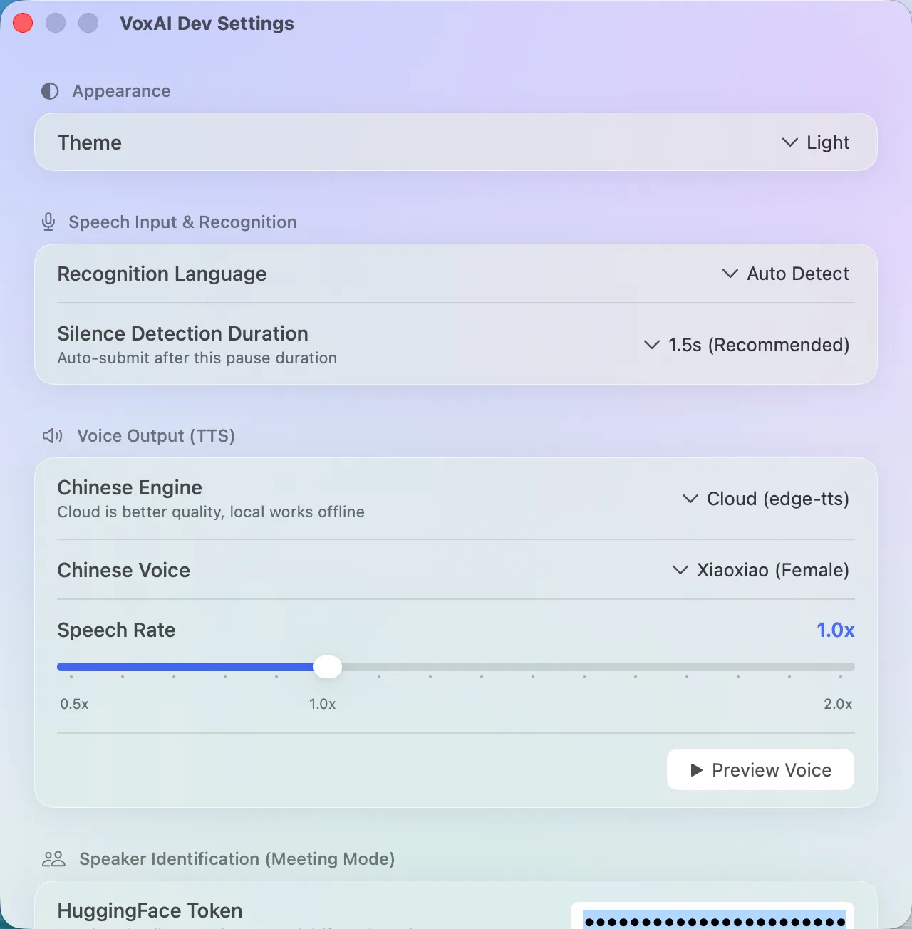 VoxAI settings — the voice engine switches between fully local and opt-in cloud