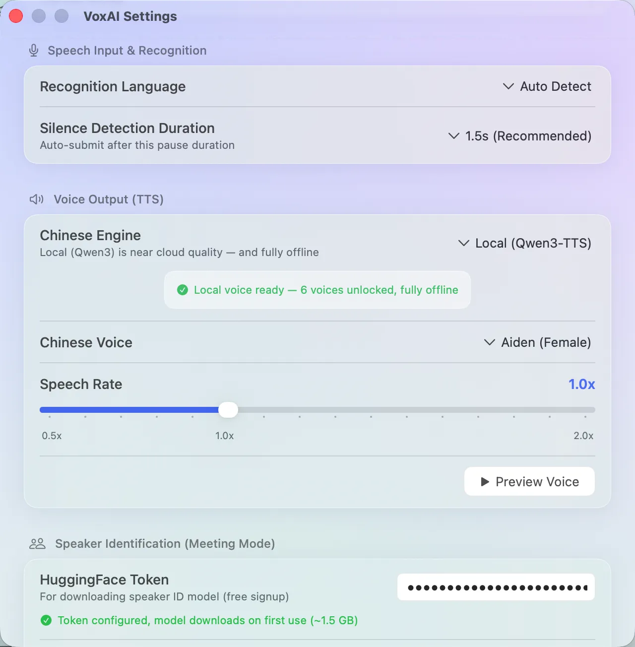 VoxAI settings with local and optional cloud voice controls